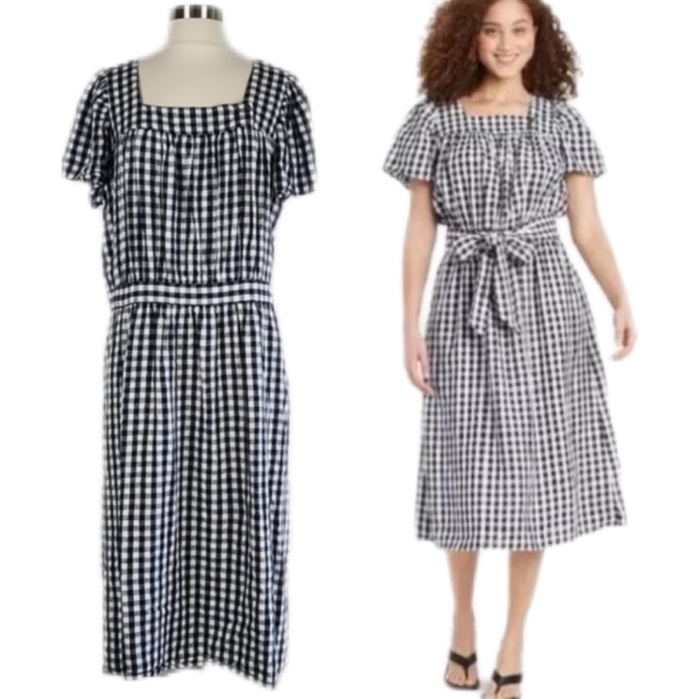 Who What Wear Black White Gingham Plaid Puff Sleeve Midi Dress XL